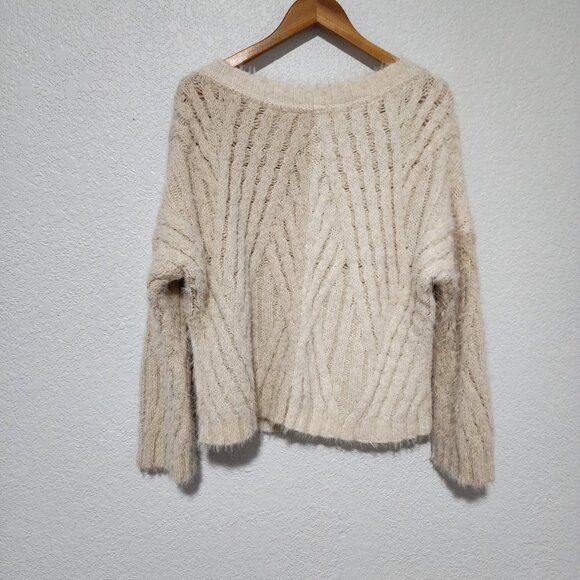 Anthropology Eyelash Cable-Knit Sweater Size XL Fuzzy Beige Wool Blend Cozy - Picture 2 of 11